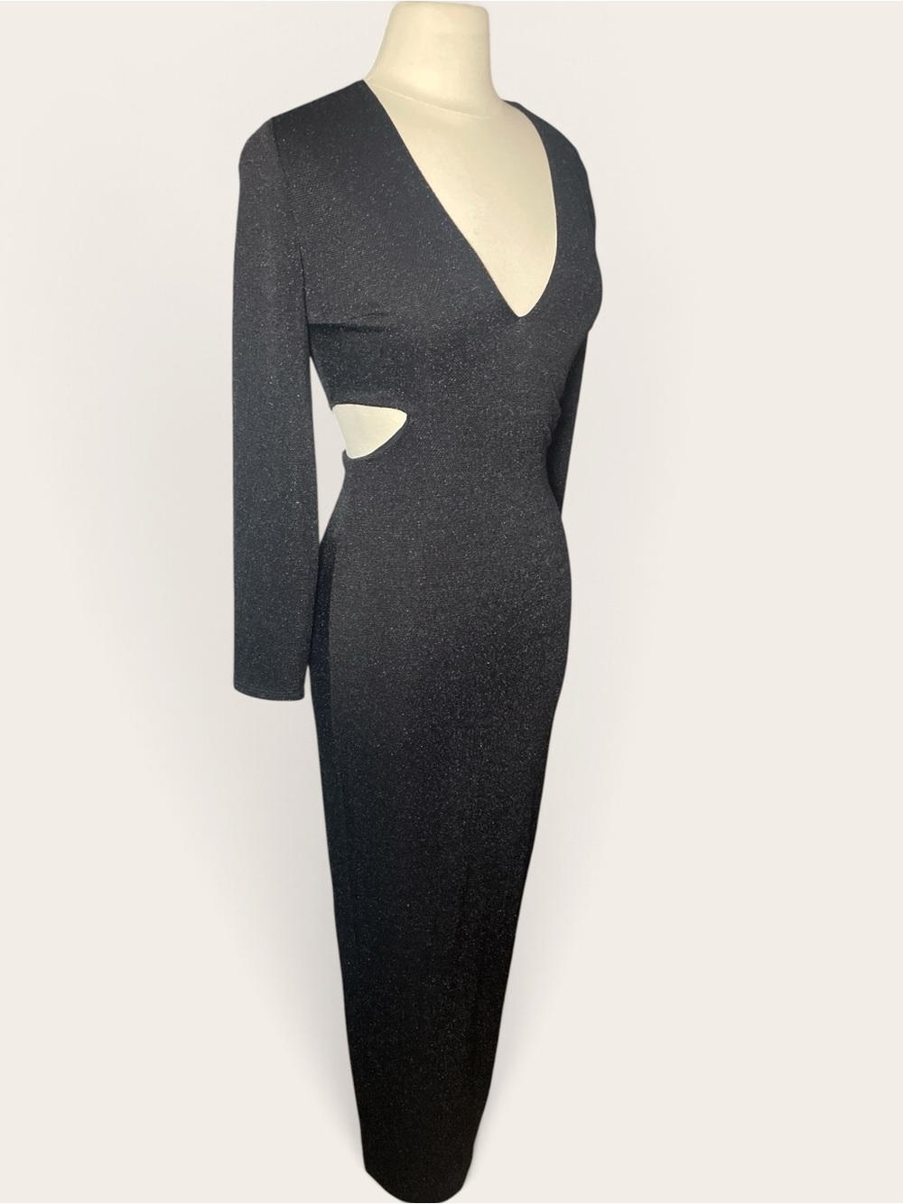 Express Size 6 Black Silver Metallic Long Sleeve Cutout Maxi Dress